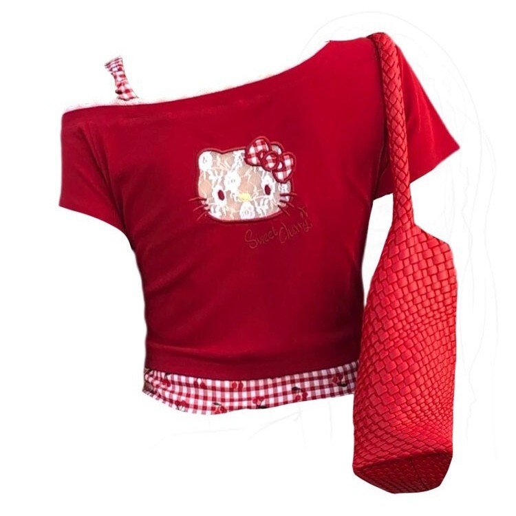 Plus Size Fat Girl Sweet Sexy Cartoon Embroider Stitching Red Plaid Short-Sleeved T-Shirt Women's Summer Lace Cut Out Right Shoulder Top