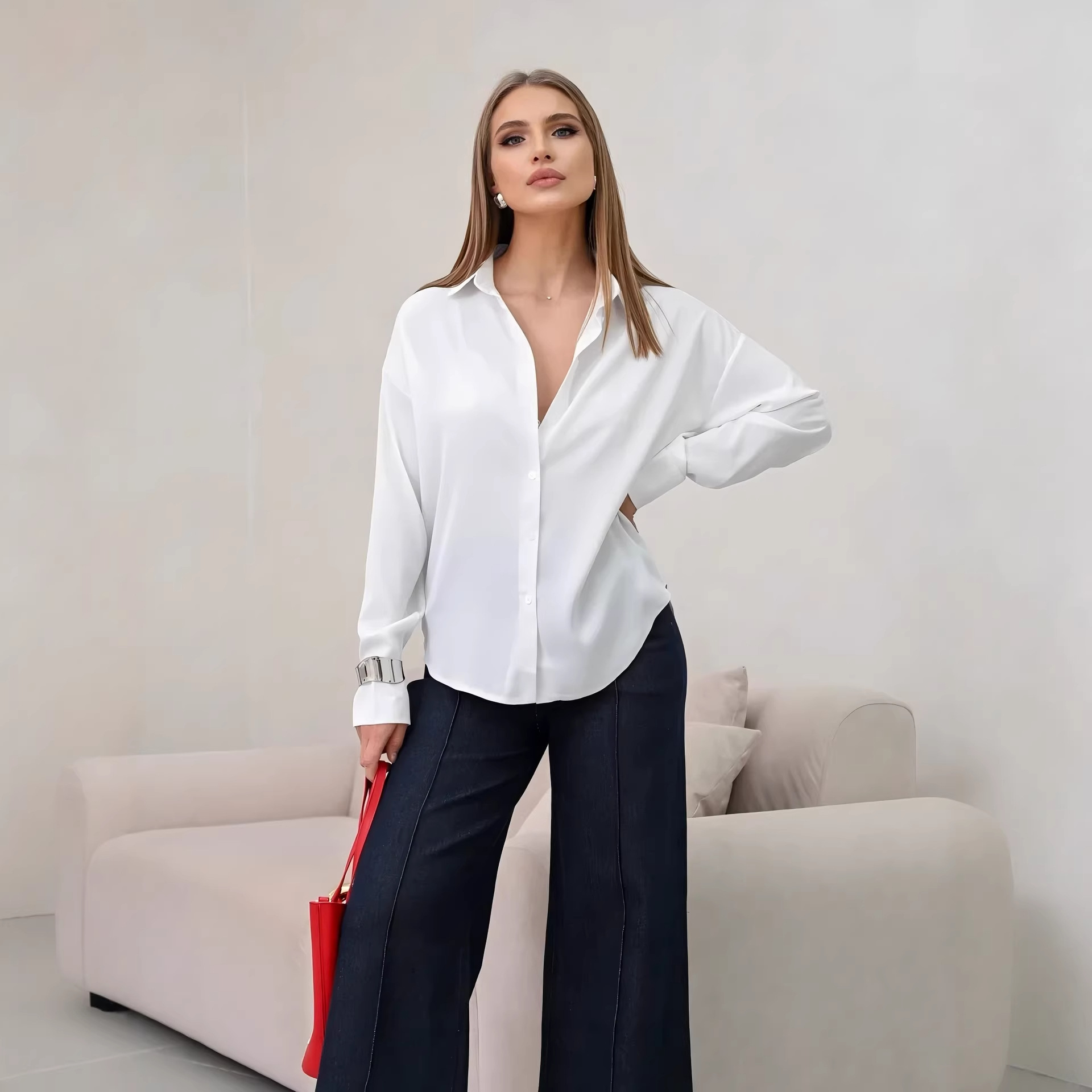 Women's Solid Color Acetate Long Sleeve Shirt Spring New Arrival Silky Satin Feel Wrinkle Resistant Drapey Texture Basic Top_ecoleips.com