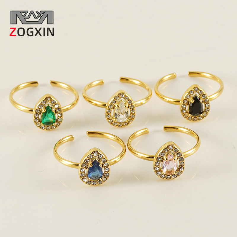 Moda europea y americana de acero inoxidable estilo ins anillo abierto hembra 18K oro luz lujo estilo gota de agua ZIRCON anillo ajustable