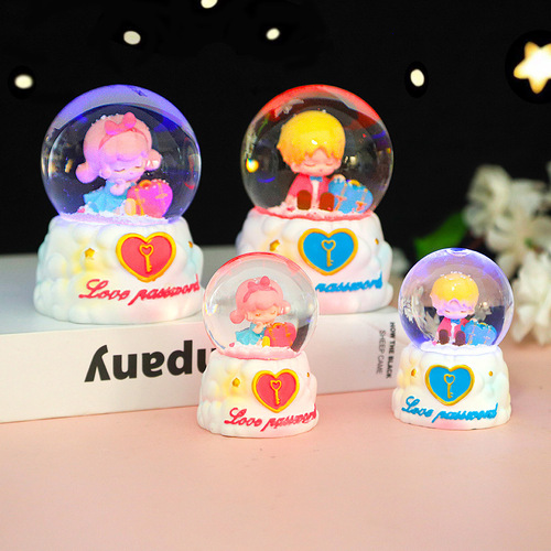 Cartoon Couple Glowing Snowflake Crystal Ball Music Box Creative Home Decor Gift for Boyfriend and Girlfriend, Birthday Present for Students