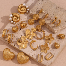 欧美法式气质复古个性耳环不锈钢镀18K金微镶几何空心月牙耳钉女