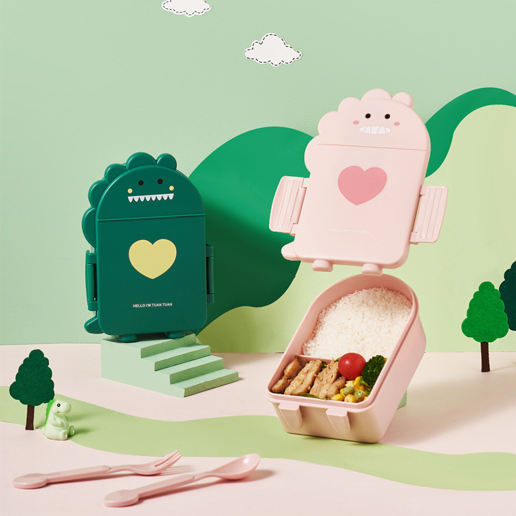 Nueva caja de almuerzo de dinosaurio con tapa Linda caja de almuerzo del compartimiento de los niños pequeña capacidad portátil para niños caja de suplemento alimenticio