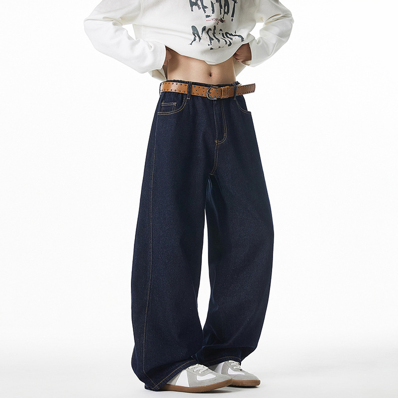 Original Color Topstitch Straight Micro-Wide Jeans for Men Spring and Summer Loose Retro Casual Pants with Side Split Design Trousers