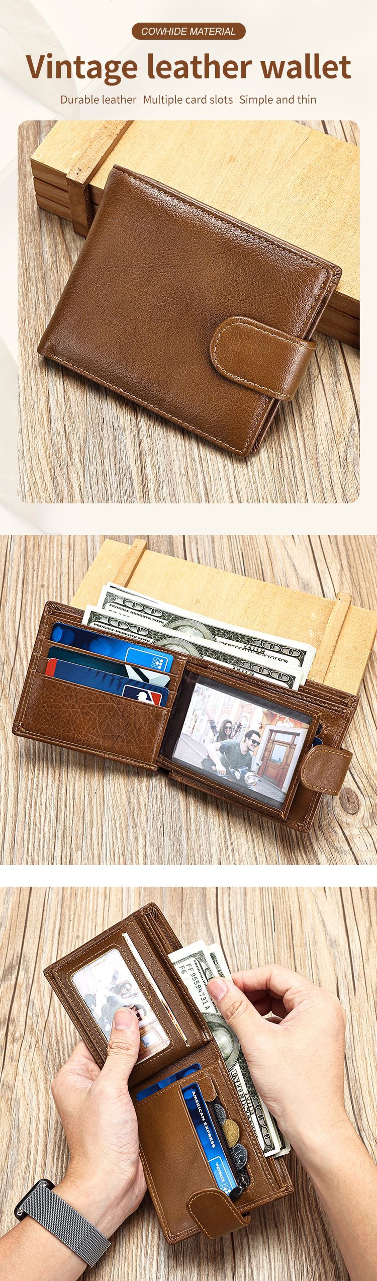 Ví nam da bò gập mini phong cách retro, nhiều ngăn thẻ — Màu đen, màu xám, Cà phê, màu nâu trơn chi tiết 6