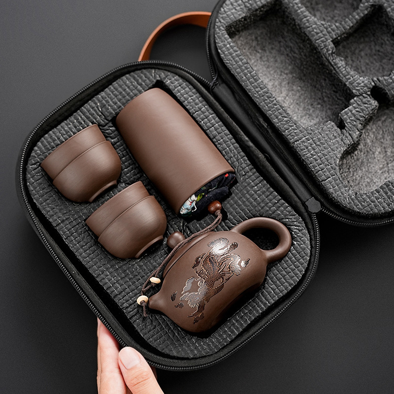 Purple sand travel tea set suit a pot of four cups outdoor portable storage fast cup kung fu small gift LOGO printing