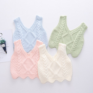 2023 pure color spring and autumn fashionable V-neck twist vest children's sweater sweater vest baby sling factory direct sales