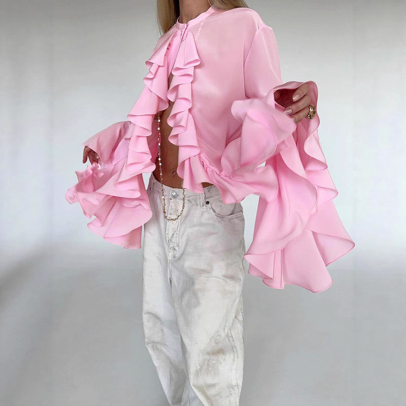 Cross-Border Trade New Style Ruffled Design Elegant and Sexy Cardigan French White Shirt Women's Long-Sleeved Top