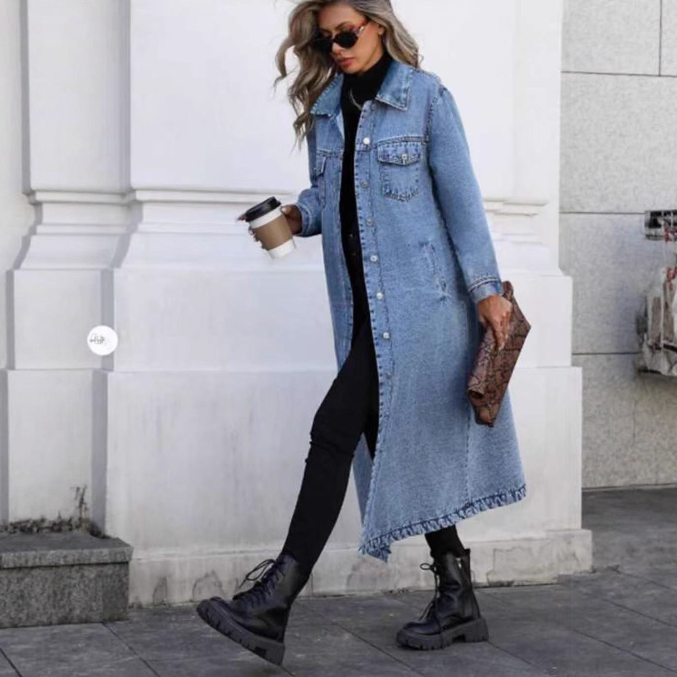 欧美2025春季破洞中长牛仔外套亚马逊洗水长袖女跨境NK379