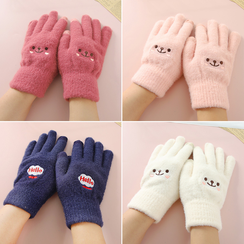 Versión coreana de dibujos animados sonriente invierno frío y cálido más terciopelo engrosado estudiante al aire libre chica dulce y lindo guante de pantalla táctil