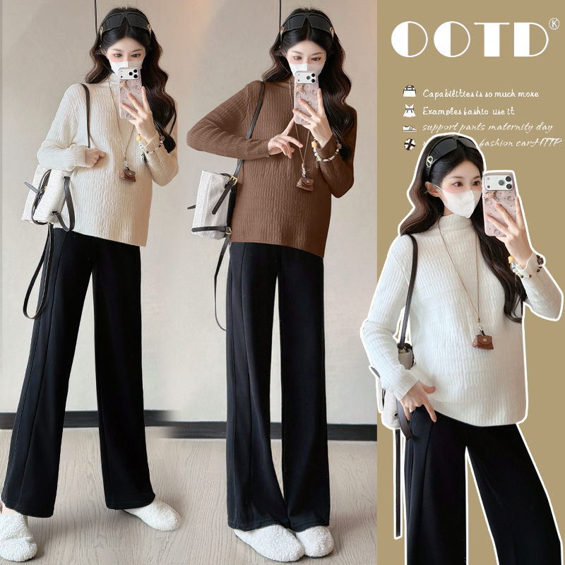 Maternity Base Layer Winter Fleece Thick Warm Knit T-Shirt Top Autumn Winter White High Neck Versatile Women