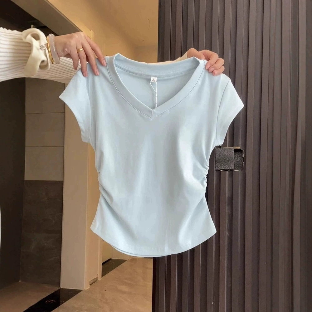 Тонкая футболка с V-образным вырезом и коротким рукавом женская летняя новая дофаминовая маленькая податка