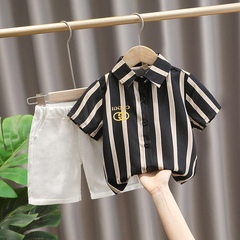 男童秋季套裝2023年男孩時尚條紋短襯衣白色彈力休閒短褲2件套裝