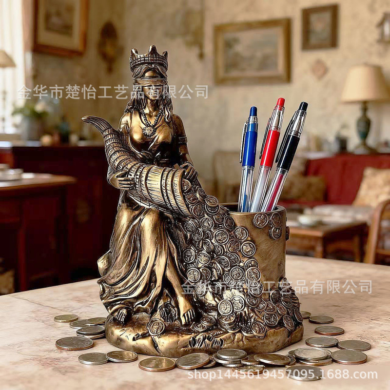 Goddess of Wealth Pen Holder Cross-Border Retro Resin Crafts Office Ornaments Collectibles Nordic Style Wholesale Imitation Copper