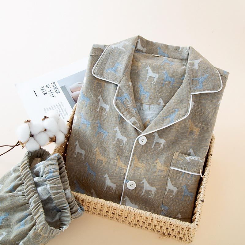 Cartoon Pony Pajamas Men's Yarn-Dyed Pure Cotton Summer Short-Sleeved Long Pants Set Cardigan Lapel Loungewear