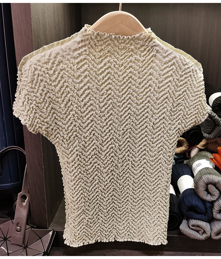 Áo thun nữ cổ tròn tay ngắn họa tiết dứa jacquard xếp ly mùa hè — Màu xanh lam nhạt, Màu xanh lục nhạt, Màu đen, Màu trắng be chi tiết 14