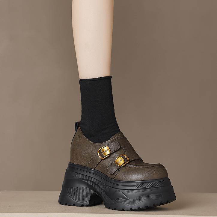 Giày loafer nữ đế xuồng cao 12 cm, miệng sâu cổ điển, khóa thắt lưng — Màu đen, Màu đen kaki