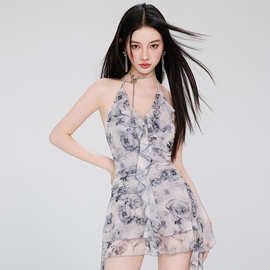 泳衣女夏保守挂脖荷叶边性感遮肚显瘦2024新款纯欲仙女范温泉泳装