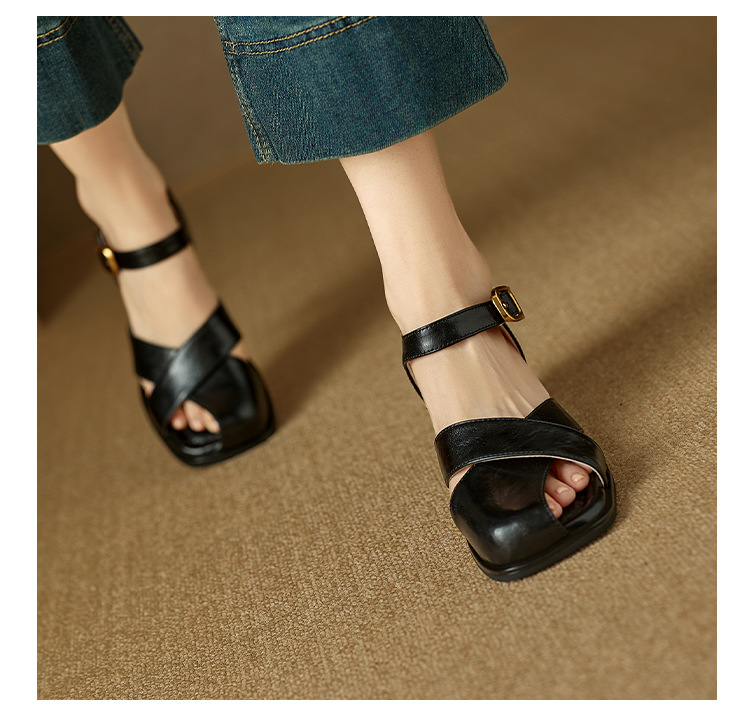 Sandal nữ da bò kiểu Pháp đế mềm thấp gót đi làm mùa hè — đen chi tiết 14