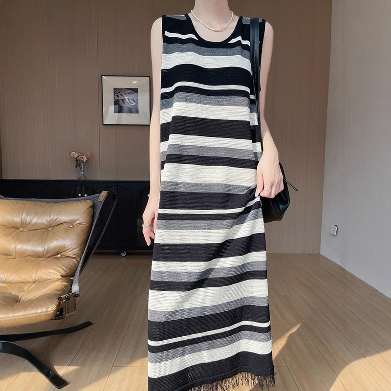 Summer Ice Silk Round Neck Sleeveless Knitted Dress for Women, Loose Casual Striped T-Shirt Dress, Slimming Straight Long Dress for Women