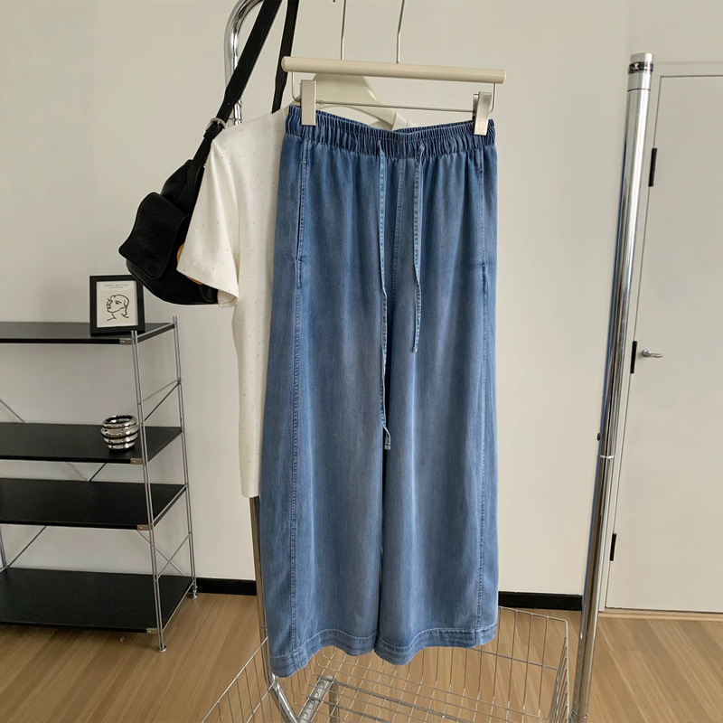 Draping Effect Washed Blue Tencel Jeans for Women, Lightweight, Breathable, Cool Drawstring Straight-Leg Casual Pants, Cropped Walking Pants