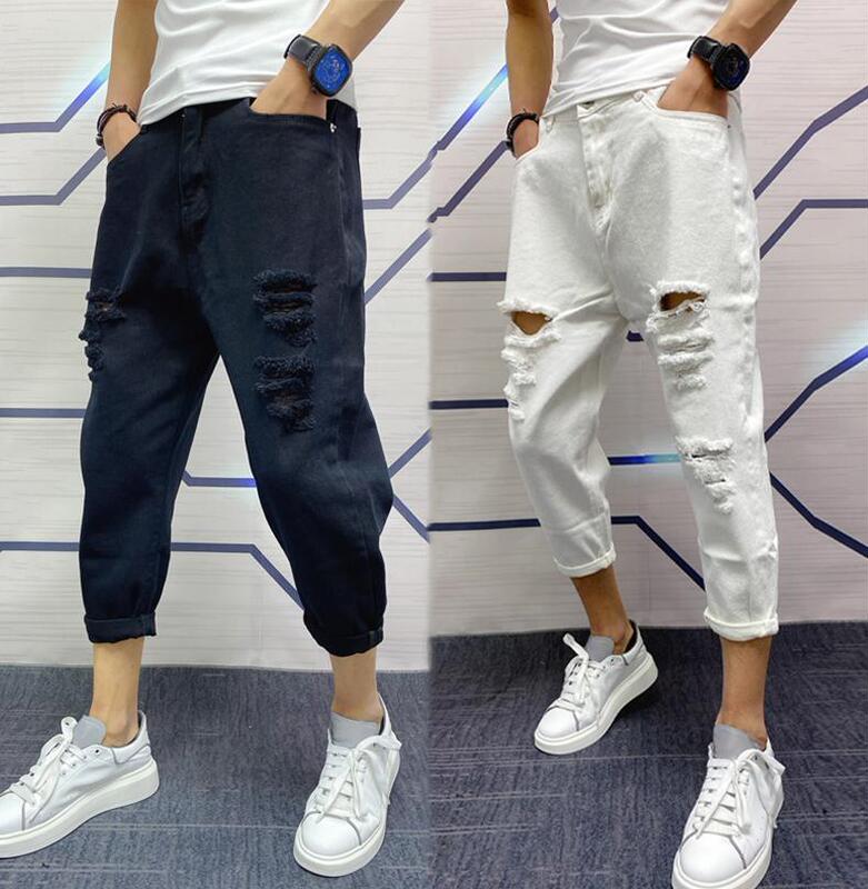 2025 New Men's Big Ripped Skinny Jeans Korean Fashionable Social Guy Ankle-length Pants Harlan Pants