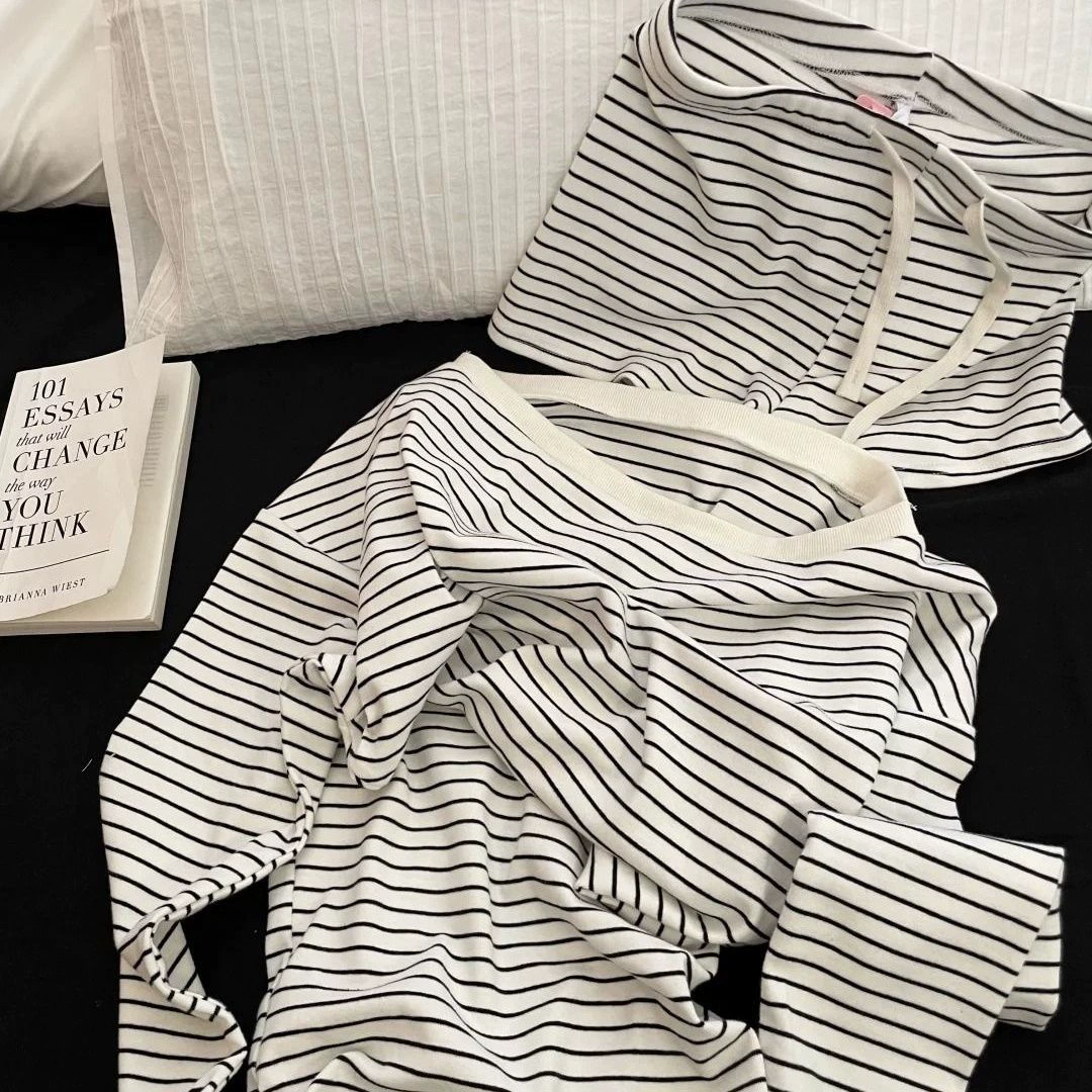 Spring Pajama Set, Striped Black & White, Long-Sleeve with Open Shoulders + Short Sleeve