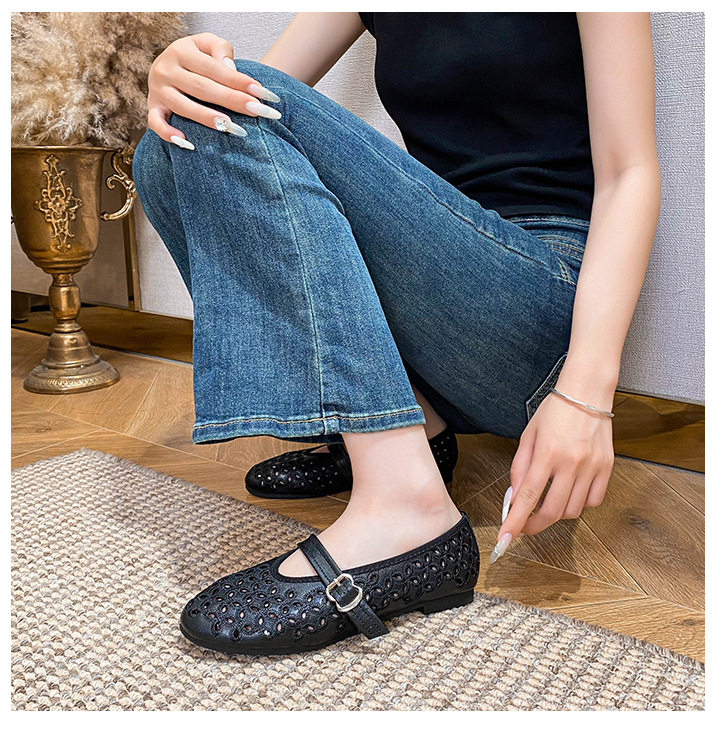 Giày búp bê nữ mũi tròn đế bằng thêu chỉ thoáng khí — Màu đen, Trắng sữa chi tiết 20