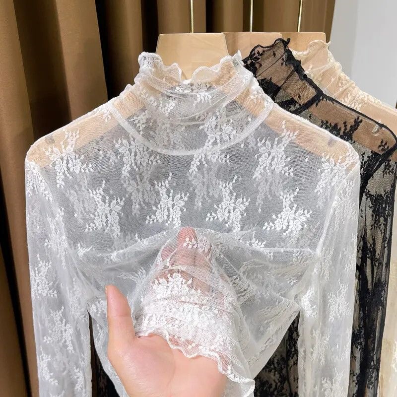 Thin High-Neck Lace Inner Top for Women, Spring and Autumn 2026 New Style, Ruffled Mesh Base Shirt for Women, Printed and Dyed