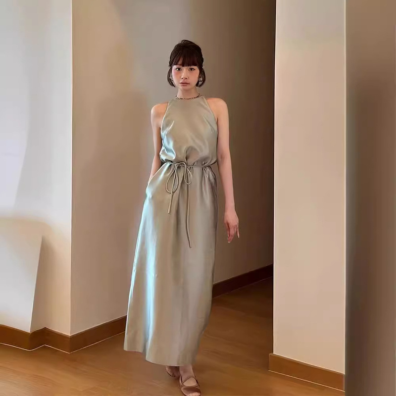 Simple to ROW Style Satin Light Wide Neck Dress High Texture Elegant Slimming Sleeveless Long Dress