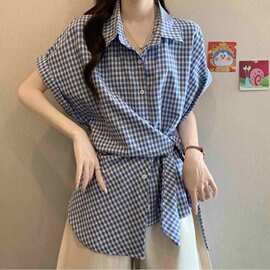 【原版色织面料】镶钻短袖POLO领格子衬衫女夏季系带不规则衬衣上