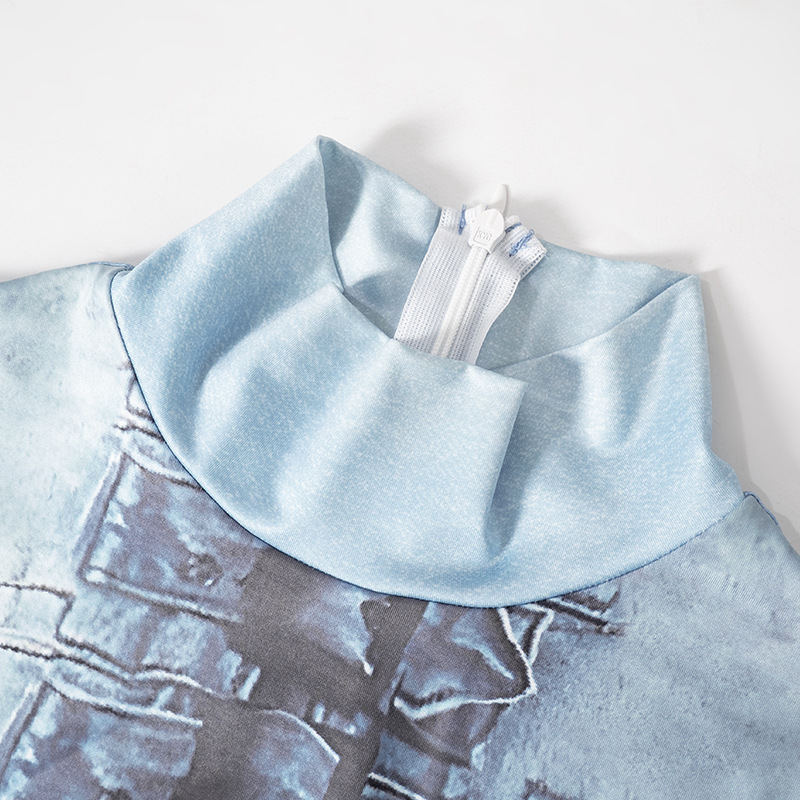 Women Clothing Autumn Winter Imitation Denim Body Print Long Sleeve Turtleneck Horn One Piece Trousers