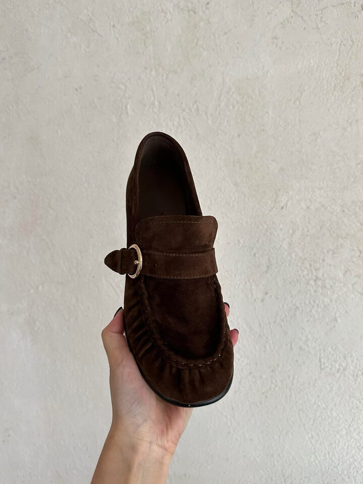 Giày lười nữ mũi tròn nhún gót thô, chất liệu nhung, gót 6 cm — Màu nâu chi tiết 7