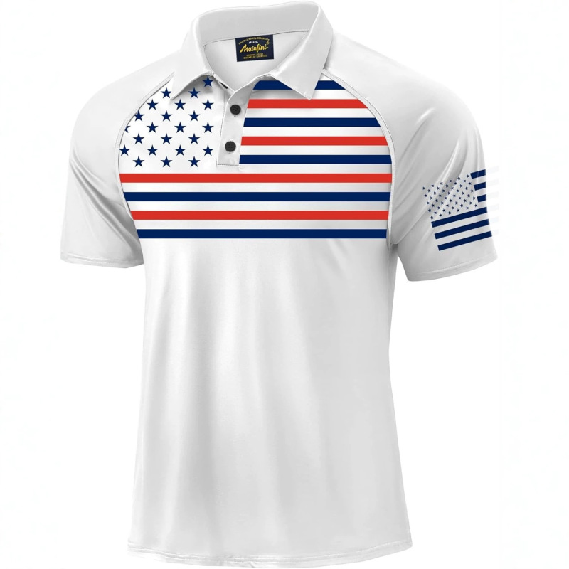 Mainfini Men's Patriotic Polo Shirt Stretch Upf 50+ Short Sleeve Raglan Sleeve American Pattern Golf