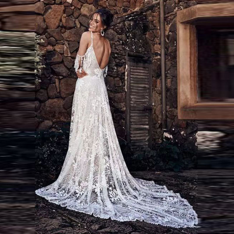 Europeo y americano Comercio exterior Amazon AliExpress deseo estación independiente nuevo encaje con cuello en V Correa largo arrastre vestido de novia image 4