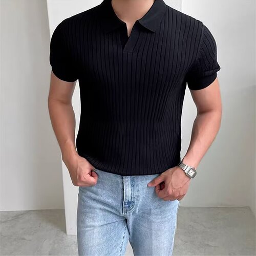 European goods v-neck crossed ice oxygen cotton polo shirt men's tight elastic short-sleeved sweater lapel T-shirt ice silk sweater