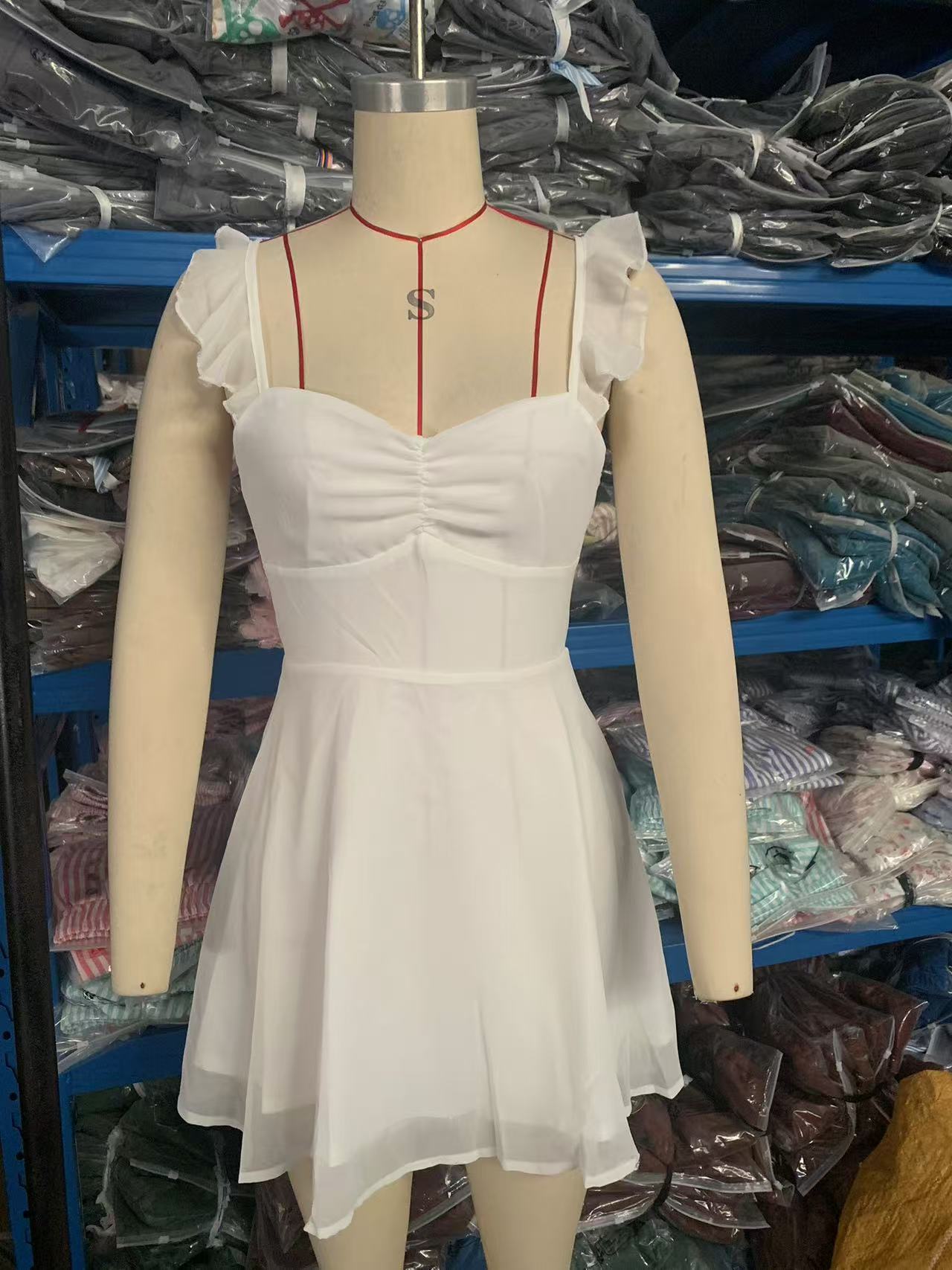 Spring Women Clothing Solid Color Chiffon Backless Thin Belt Dress Office
