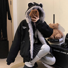 兔耳朵毛领座山雕麂皮绒棉衣女秋冬季加厚保暖宽松夹棉拉链外套男