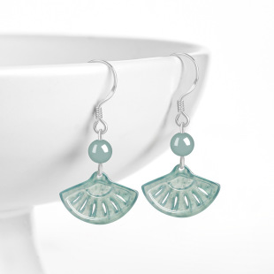 High-grade S925 silver inlaid natural A goods jade blue water fan earrings ice jade stone ancient style women's earrings earrings