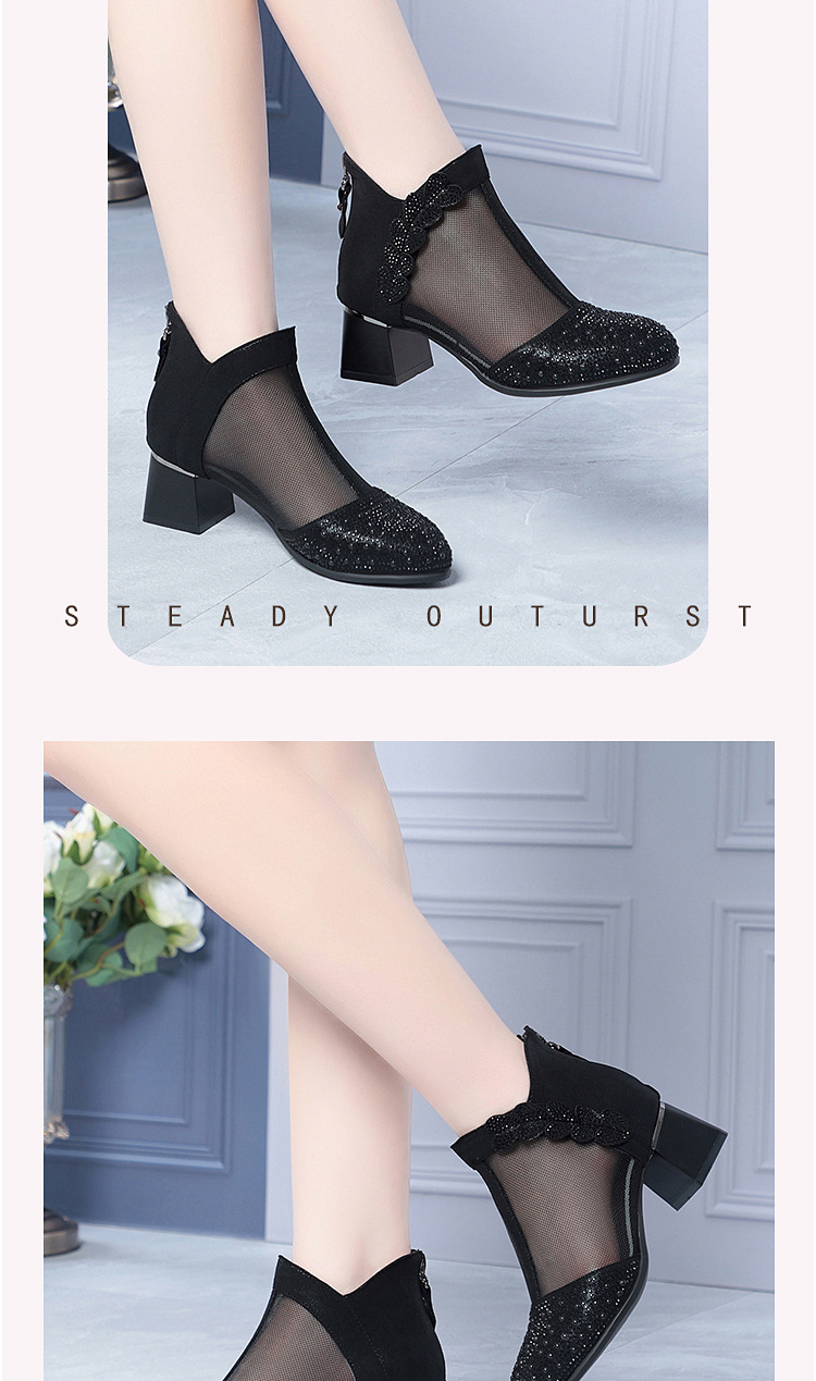 Giày boot nữ cổ thấp da thật lỗ thoáng khí gót thô 5 cm — màu đen chi tiết 11