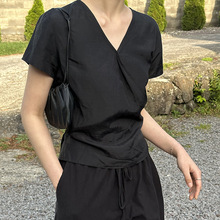 时简 气质绑带小衫法式女夏季新款韩系套头简约短袖上衣01565