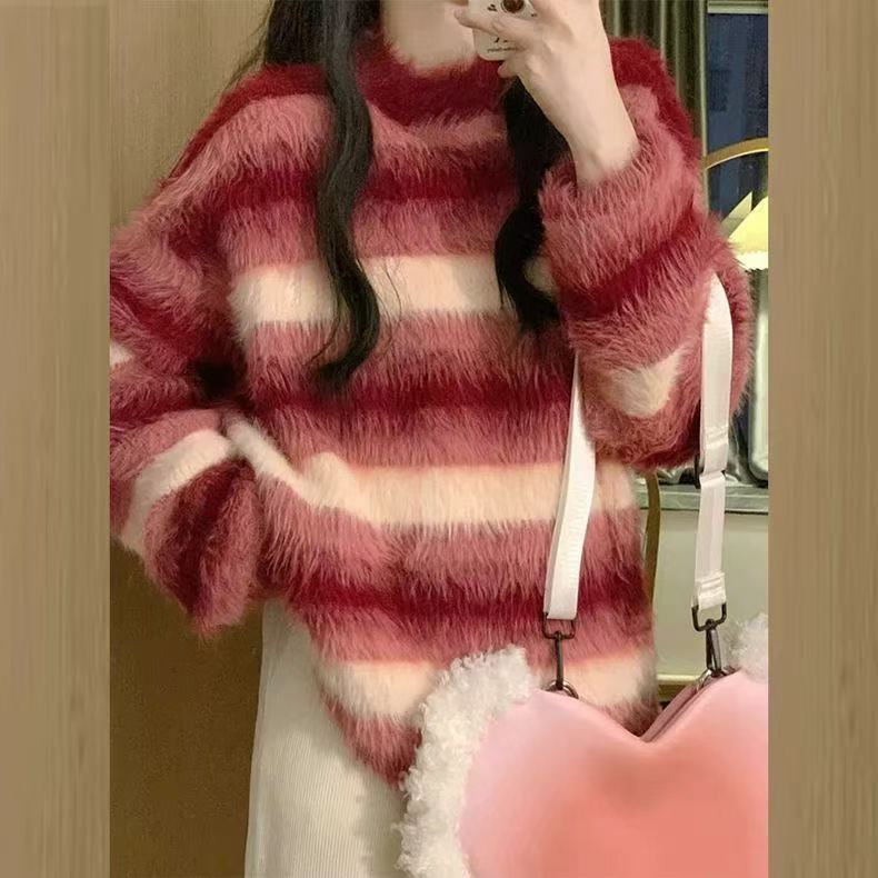 早秋撞色条纹红色毛衣女秋冬季2025新款慵懒针织打底内搭上衣春秋|undefined
