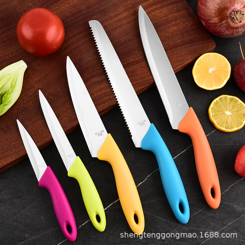 Utensilios de cocina Cuchillo colorido Juego de 6 piezas Mango de caparazón de tortuga Pequeño caparazón de tortuga Cubierta de asiento de color Cuchillo de chef Cuchillo de carne Cuchillo multiusos