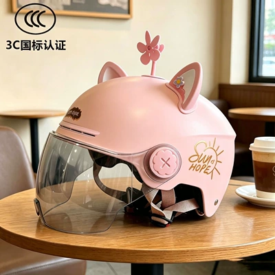 Cute Cat Electric Motorcycle Helmet, National Standard — Motosiklet kaskı (dəbilqə) - class-a-national-standard-sunshine-pink-breathable-model-high-definition-lenses-flower-ears-windmill-543g