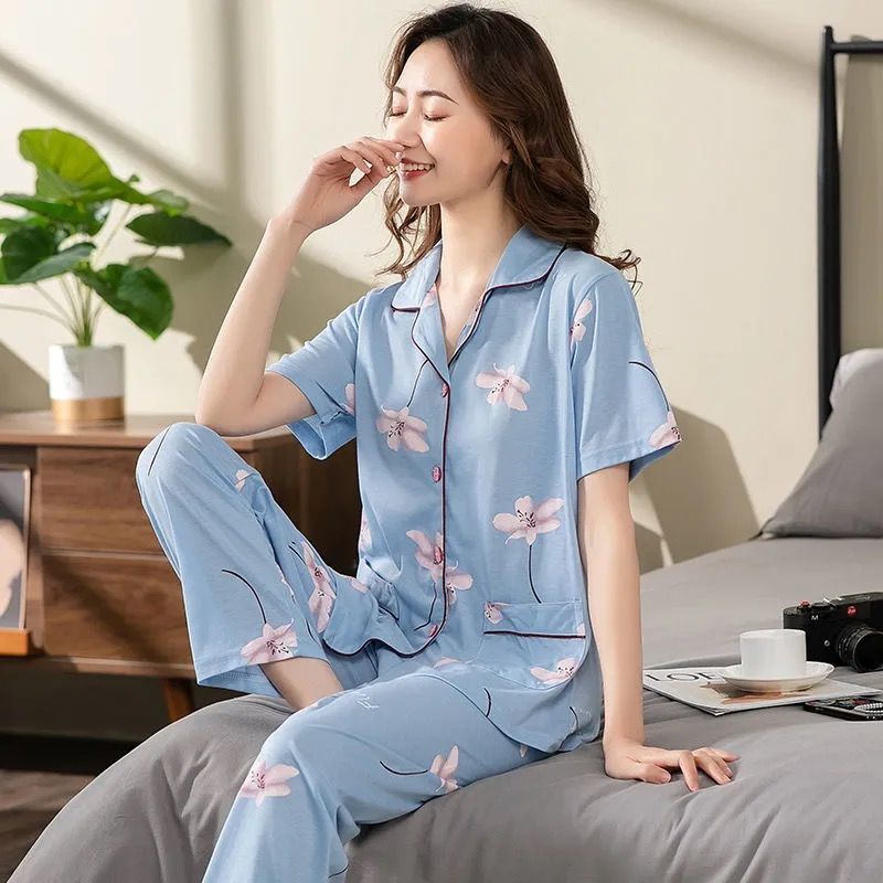 Pijamas de las mujeres de algodón de verano de manga corta pantalones más traje de tamaño de mediana edad y anciano madre ropa de casa Primavera, Otoño e Invierno