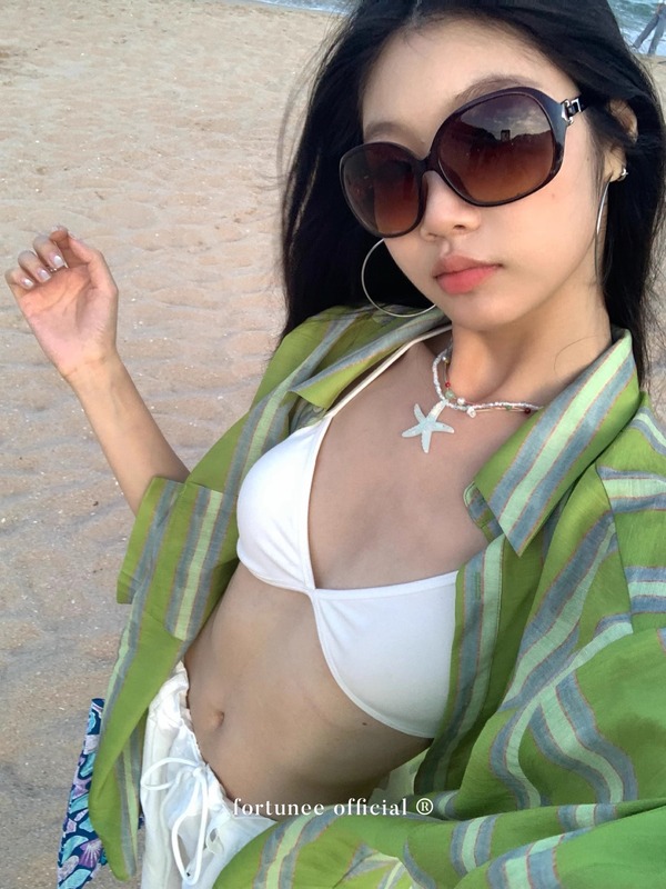 fortunee绿条纹廓形防晒宽松长袖衬衫女夏季新款休闲韩系衬衣外套|undefined