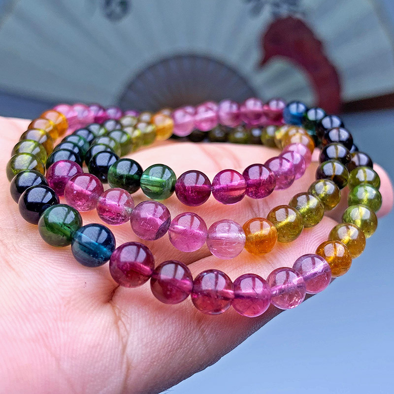 Natural tourmaline three ring beads bracelet rainbow gradient color Brazil tourmaline DIY jewelry factory direct wholesale
