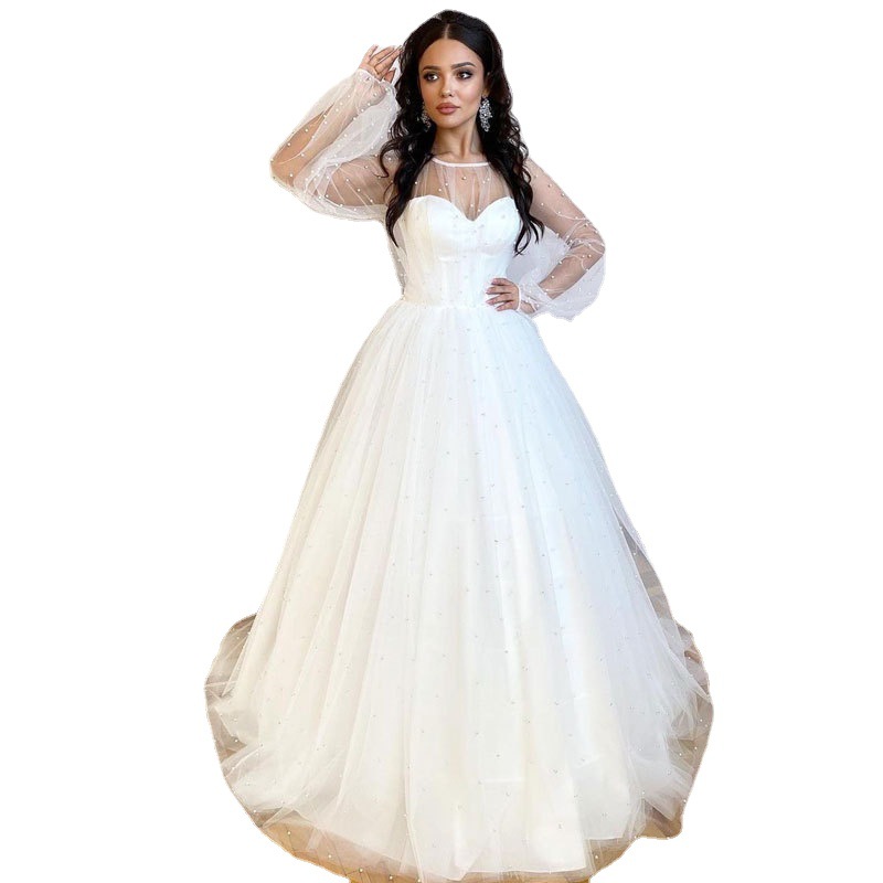 2024 europeo y americano Comercio exterior Amazon AliExpress deseo nuevo vestido de novia vestido de noche perla puff manga cuello redondo vestido de novia