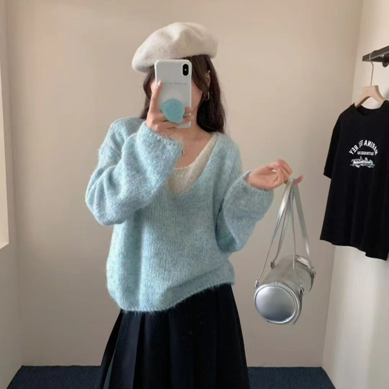 2025秋季新款套头假两件毛衣女外搭韩版V领宽松女装针织秋装上衣|undefined