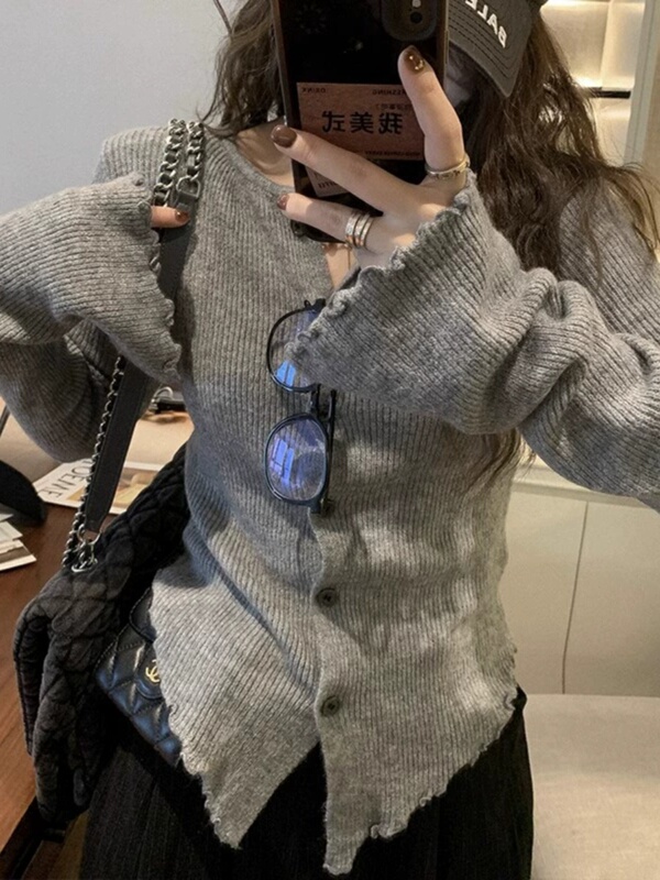灰色不规则针织打底衫女秋冬新款设计感小众修身显瘦收腰内搭上衣|undefined