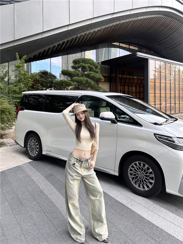 破洞直筒牛仔裤女慵懒风设计感气质宽松显瘦中腰阔腿休闲长裤子|undefined